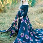 Maternity-dress-rental-black-scoop-neck-long-sleeve-fitted-with-floral-skirt-1
